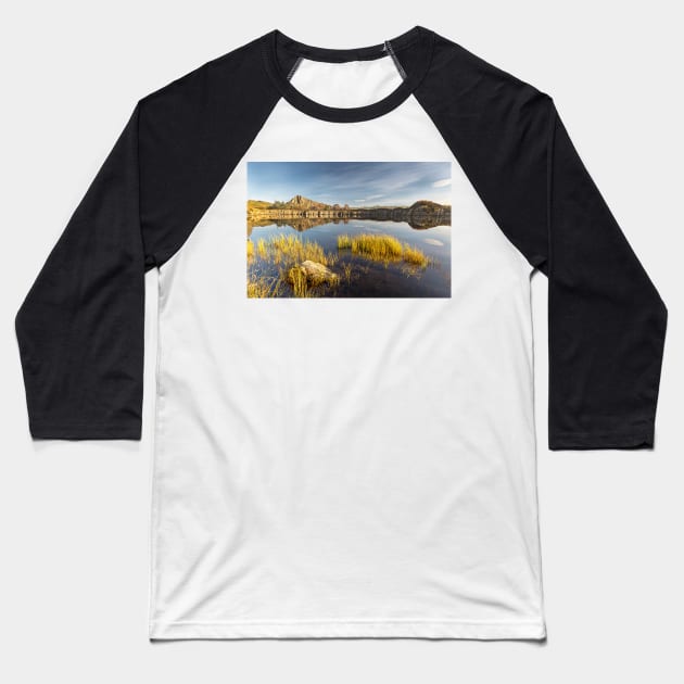 Cawfields - Hadrians Wall Baseball T-Shirt by Reg-K-Atkinson